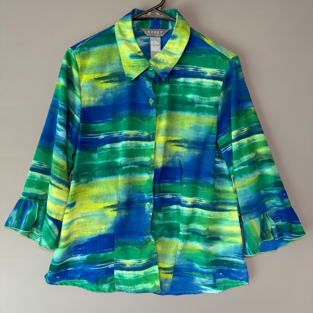 Koret Womens Sz M Abstract Watercolor Button Up Blouse Blue Green Ruffle Sleeve